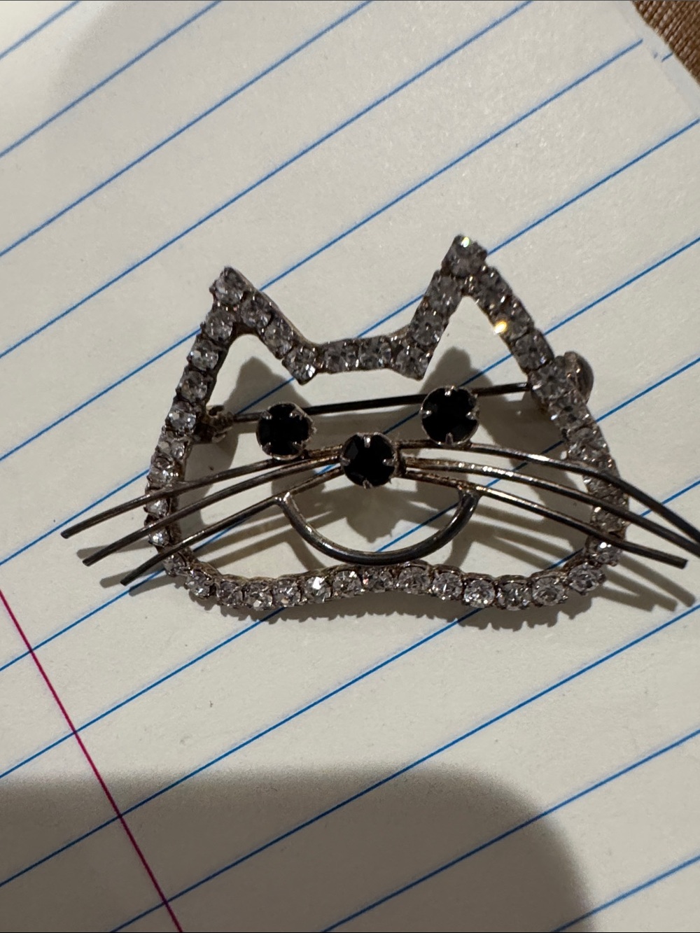 Rhinestone Cat Face Pin Brooch - Silver with Black Accents
